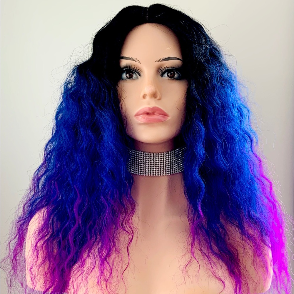 Vibrant 28” Ombre Blue/Purple “Put On & Go” Synthetic Wig for Events 🖤💙💜